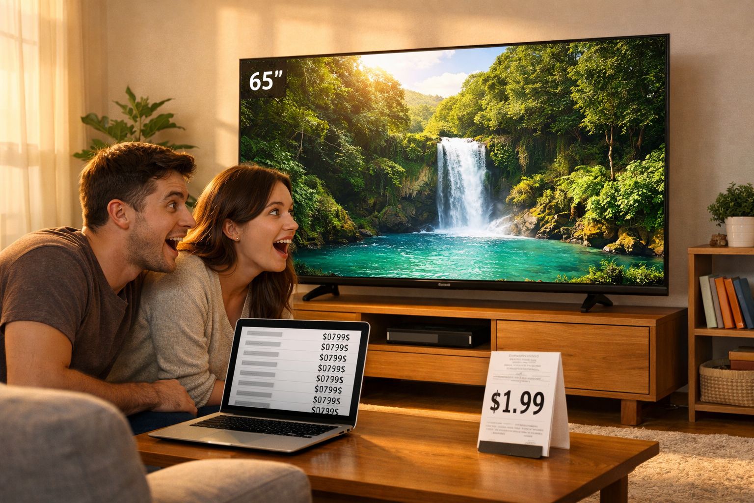 Casal entusiasmado a olhar para uma televisão de 65 polegadas com imagem de cascata, com laptop e preço visível.
