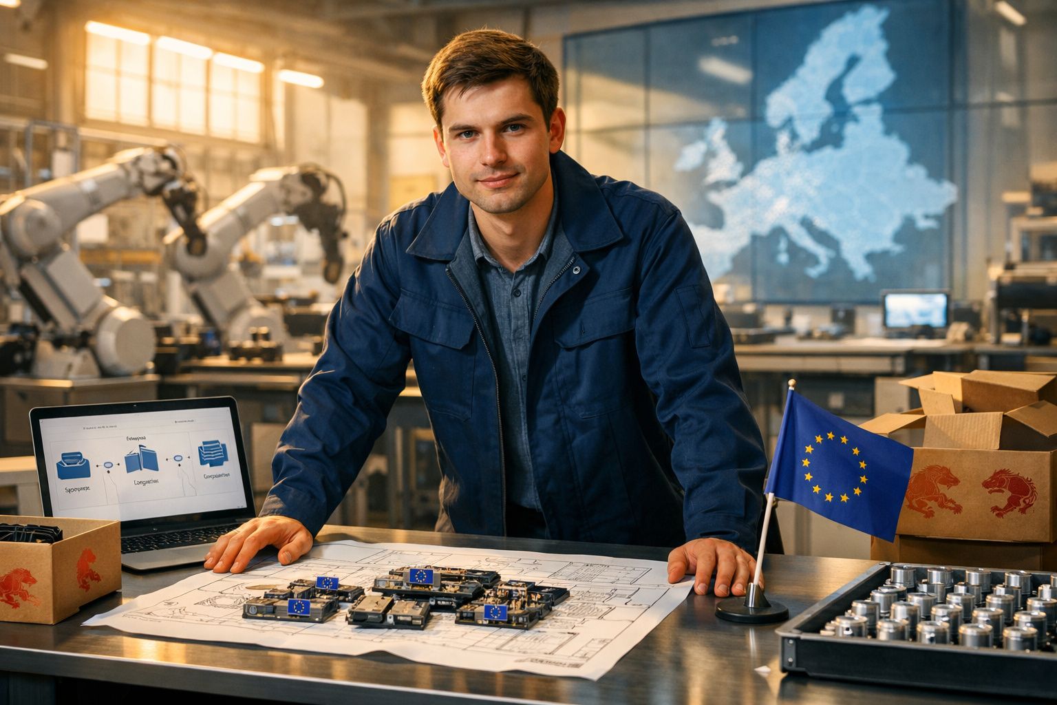Engenheiro em ambiente industrial com planos e componentes eletrónicos e bandeira da União Europeia.