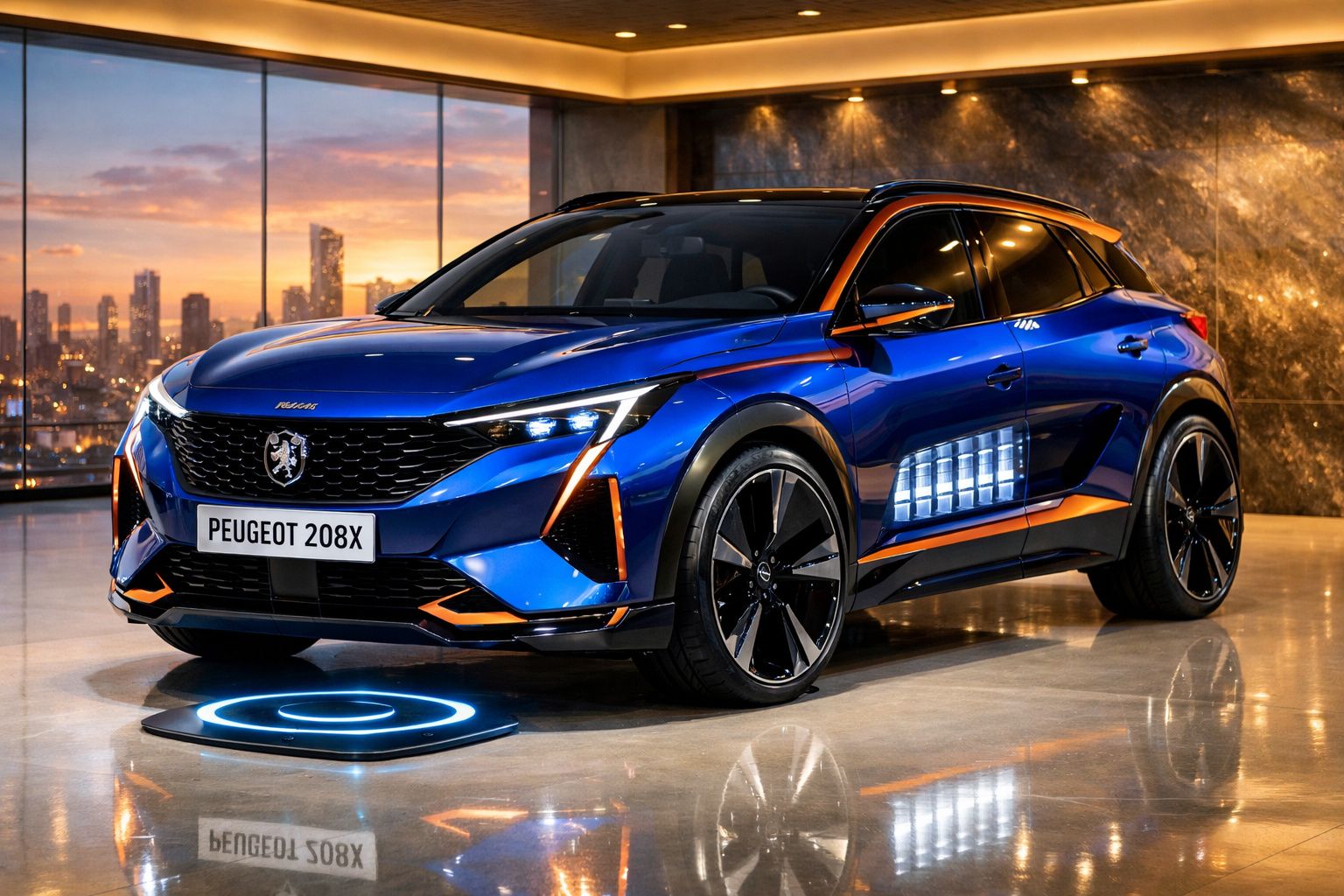 Peugeot 208X azul elétrico exibido em interior moderno com janelas panorâmicas e iluminação ambiente quente.