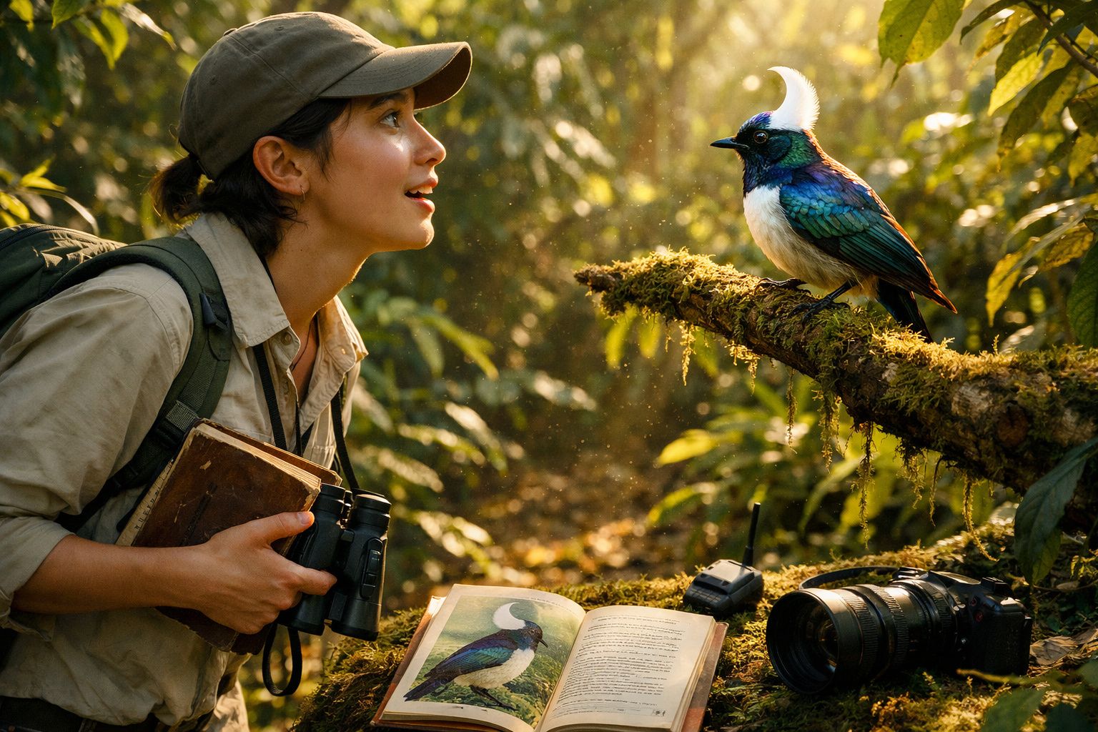 Mulher observadora com binóculos olha para um pássaro colorido numa floresta iluminada pelo sol.