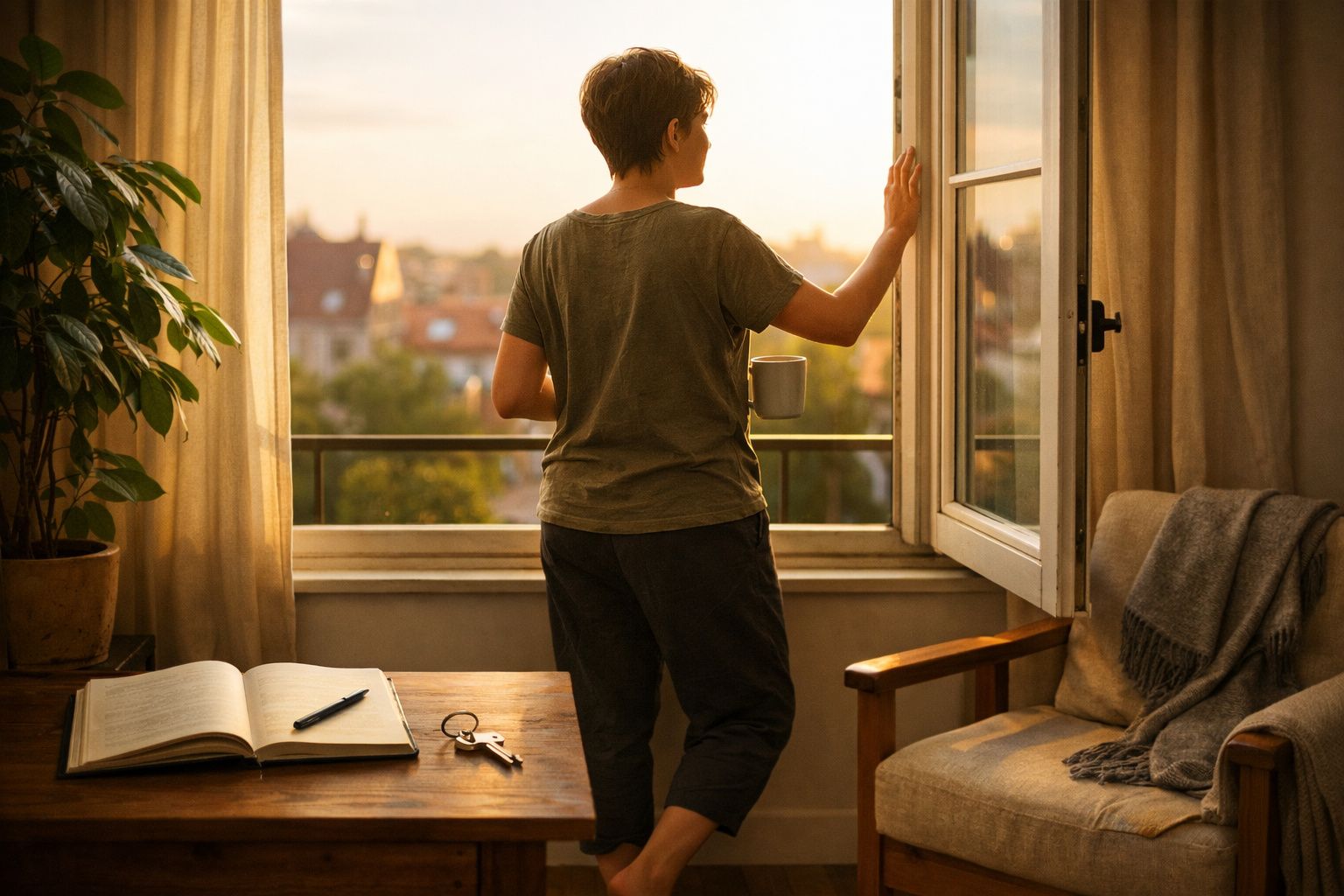 Pessoa de costas a olhar pela janela aberta com uma chávena na mão numa sala iluminada pelo pôr do sol.