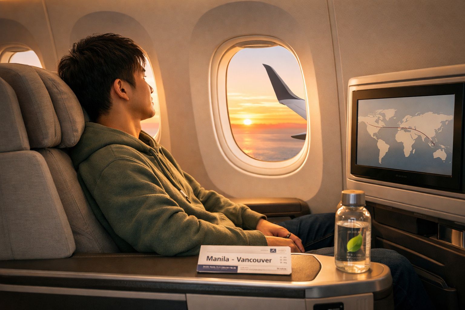 Homem sentado na cabine de avião a olhar pela janela durante o pôr do sol, com mapa de voo no ecrã.