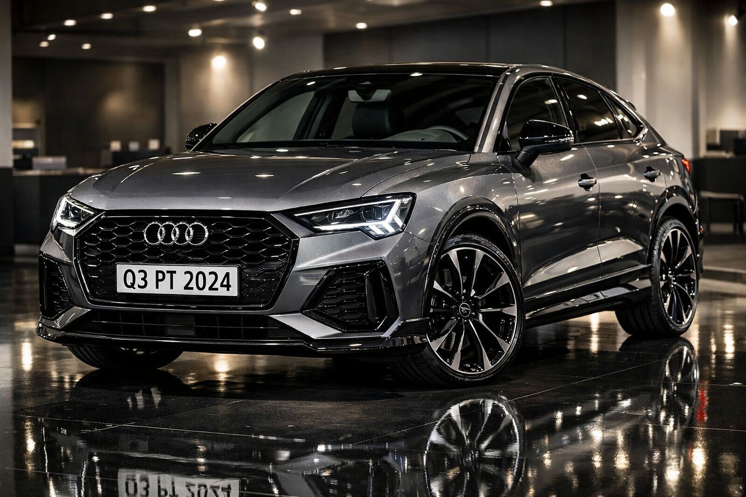 Carro Audi Q3 cinzento escuro estacionado em piso brilhante com luzes refletidas ao redor.