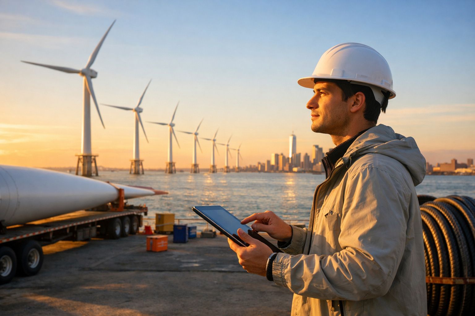 Homem de capacete com tablet observa turbinas eólicas na costa ao pôr do sol com cidade ao fundo.