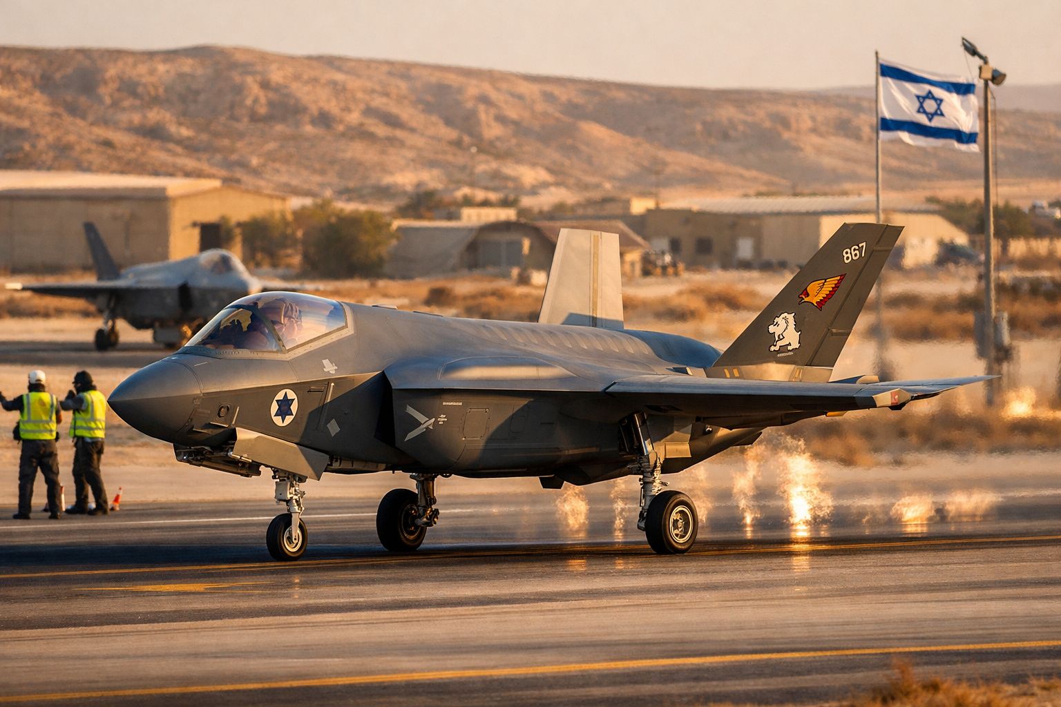 Caça F-35 da Força Aérea israelita numa pista com técnicos e bandeira de Israel ao fundo.