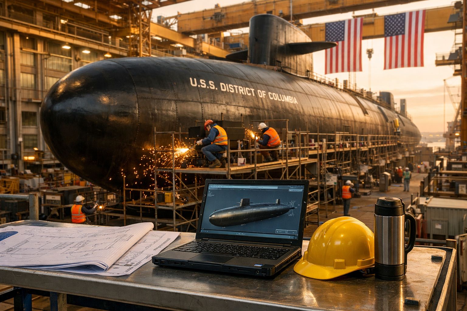 Interior de estaleiro com submarino U.S.S. District of Columbia em reparação e trabalhadores em atividade.