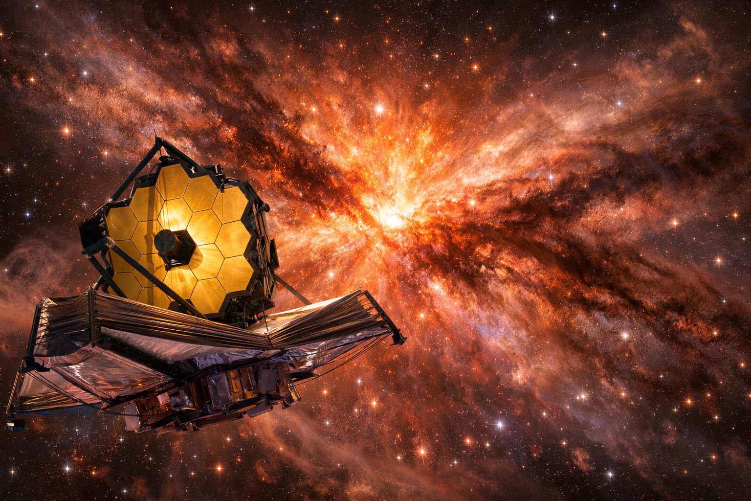 Telescópio espacial com espelho dourado a observar uma galáxia brilhante e colorida no espaço.