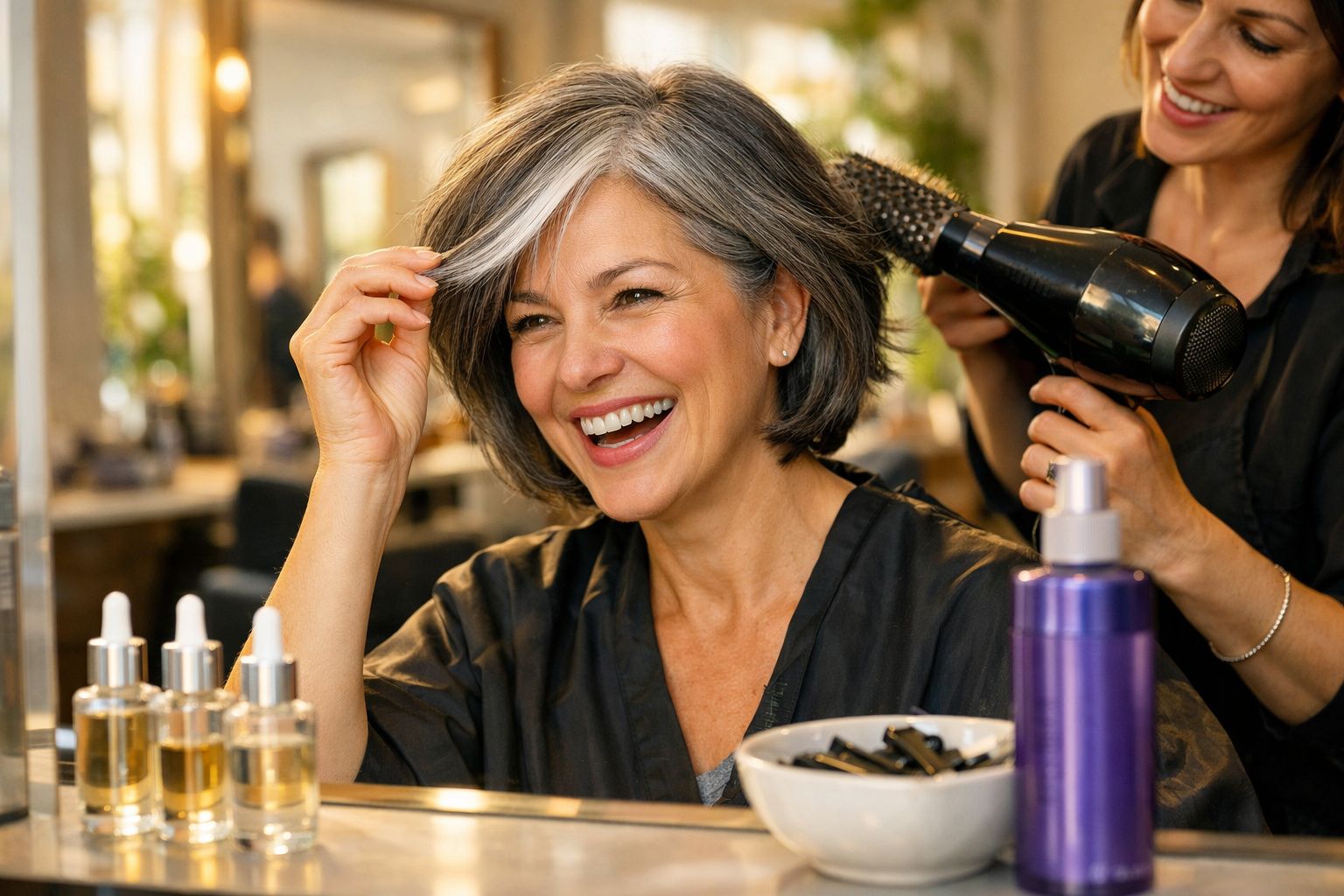 Mulher sorridente com cabelo cinza curto a ser penteada e seca num cabeleireiro moderno.