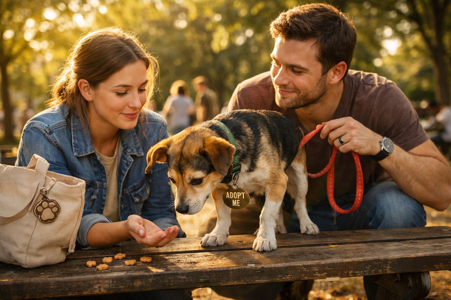 Casal alimenta cão com coleira e placa "Adopt Me" num banco de parque ao entardecer.