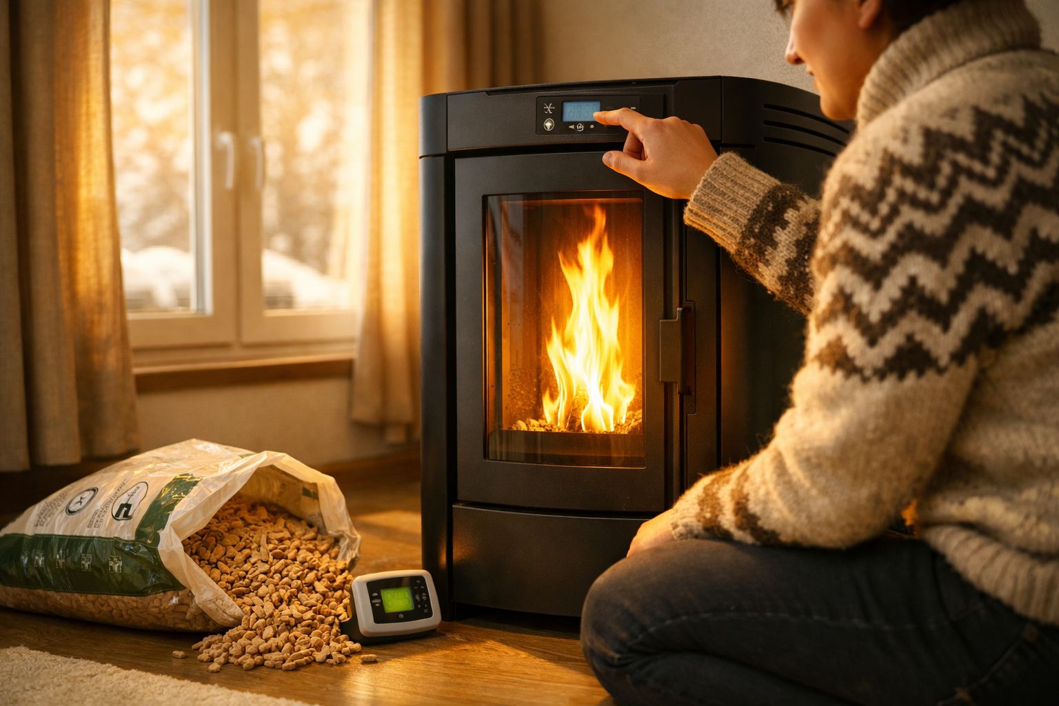 Pessoa regulando a temperatura de uma salamandra a pellets ligada numa sala acolhedora.