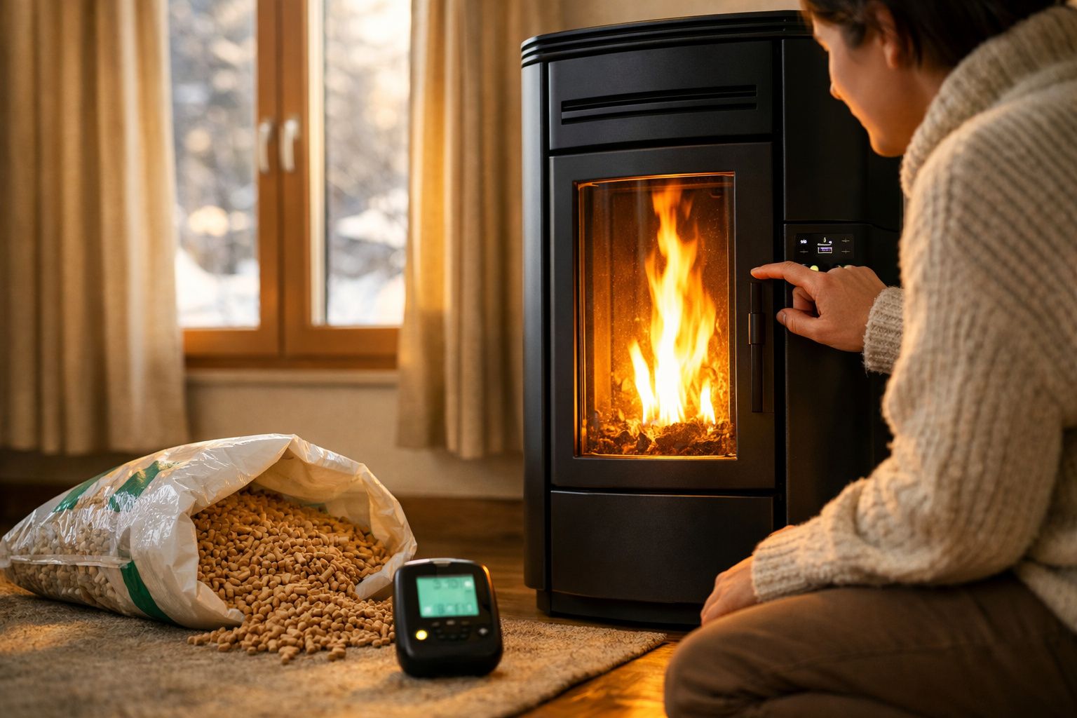 Pessoa a ajustar a temperatura de uma salamandra a pellets acesa numa sala acolhedora.