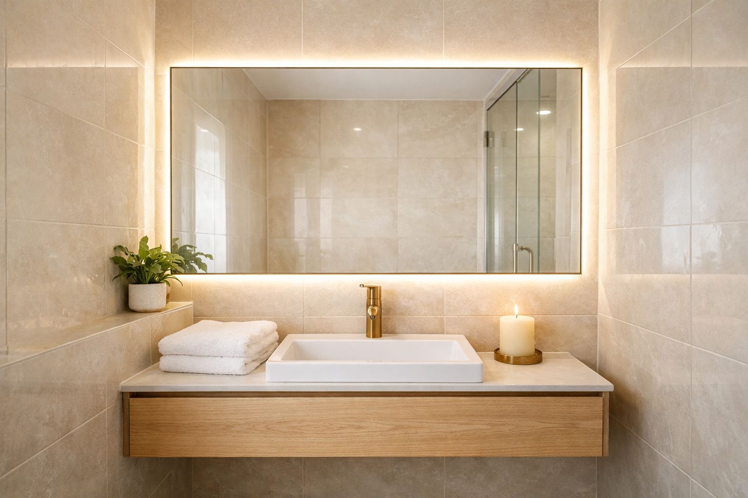 Casa de banho moderna com lavatório branco, espelho iluminado, toalhas dobradas, vela acesa e planta verde.