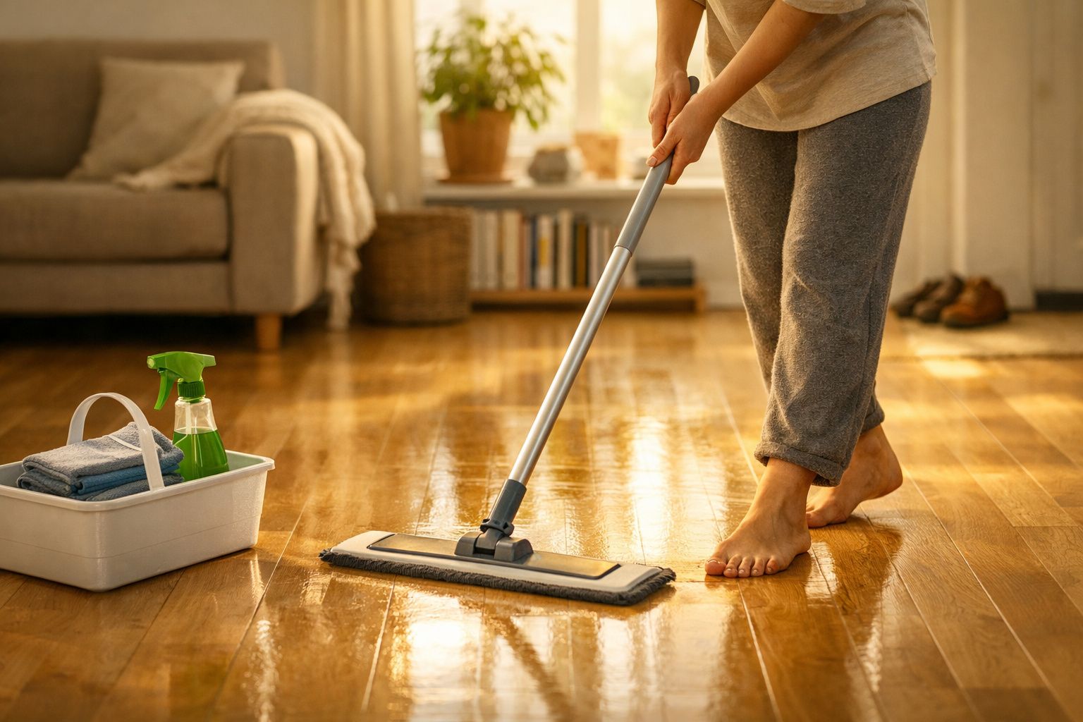 Pessoa a limpar chão de madeira com esfregona num ambiente acolhedor e iluminado.