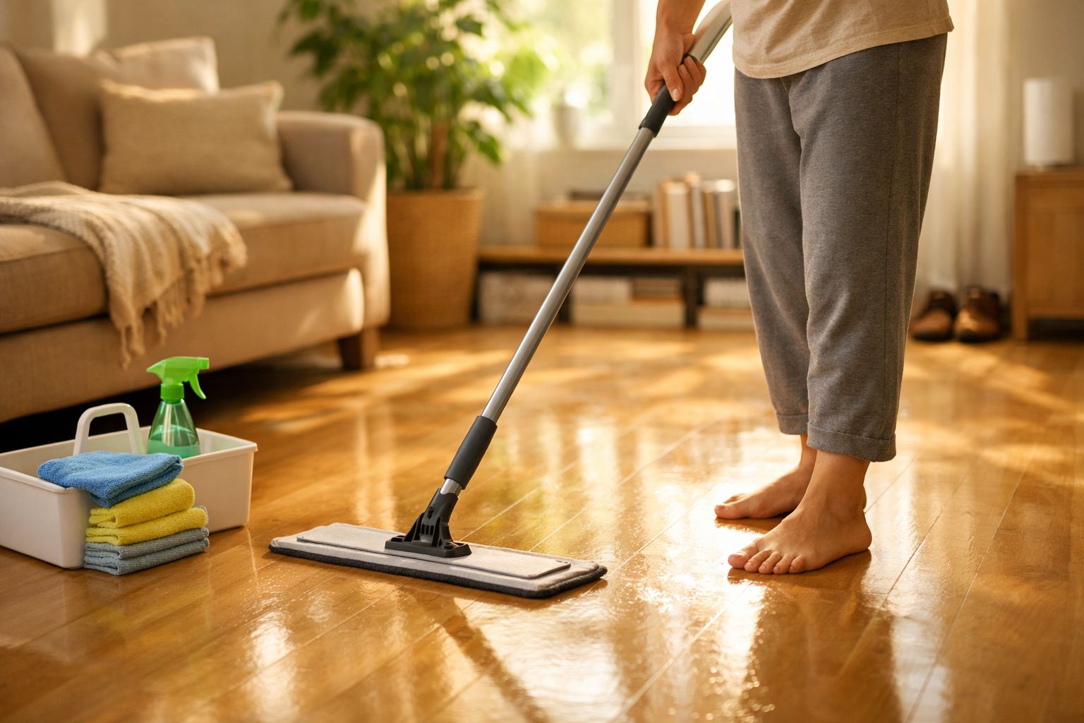 Pessoa a limpar chão de madeira com um esfregão numa sala acolhedora e bem iluminada, perto de um sofá.