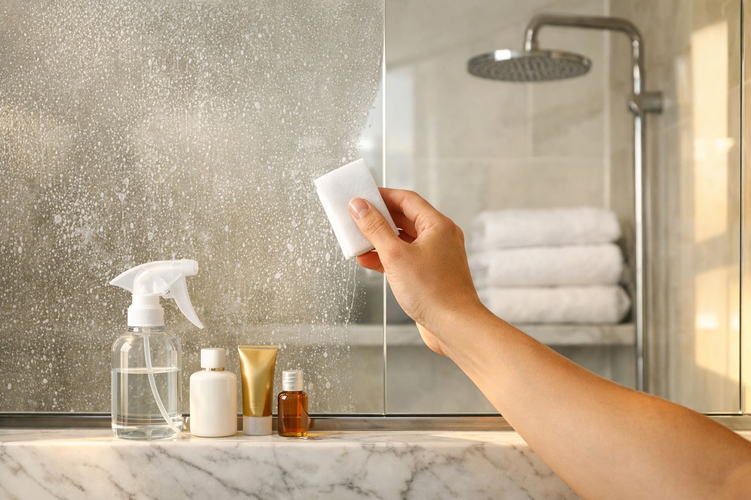 Mão a limpar um espelho de casa de banho com uma esponja ao lado de frascos de produtos de higiene.
