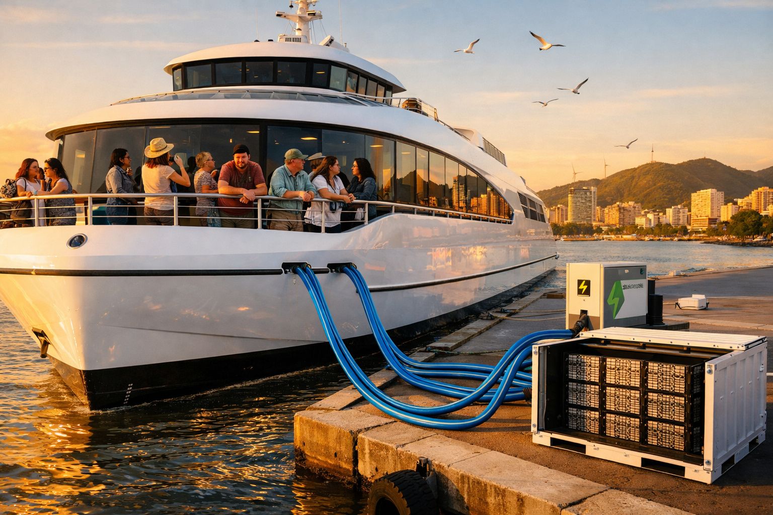 Barco elétrico atracado com pessoas no convés e ligado a estação de carregamento no cais ao pôr do sol.