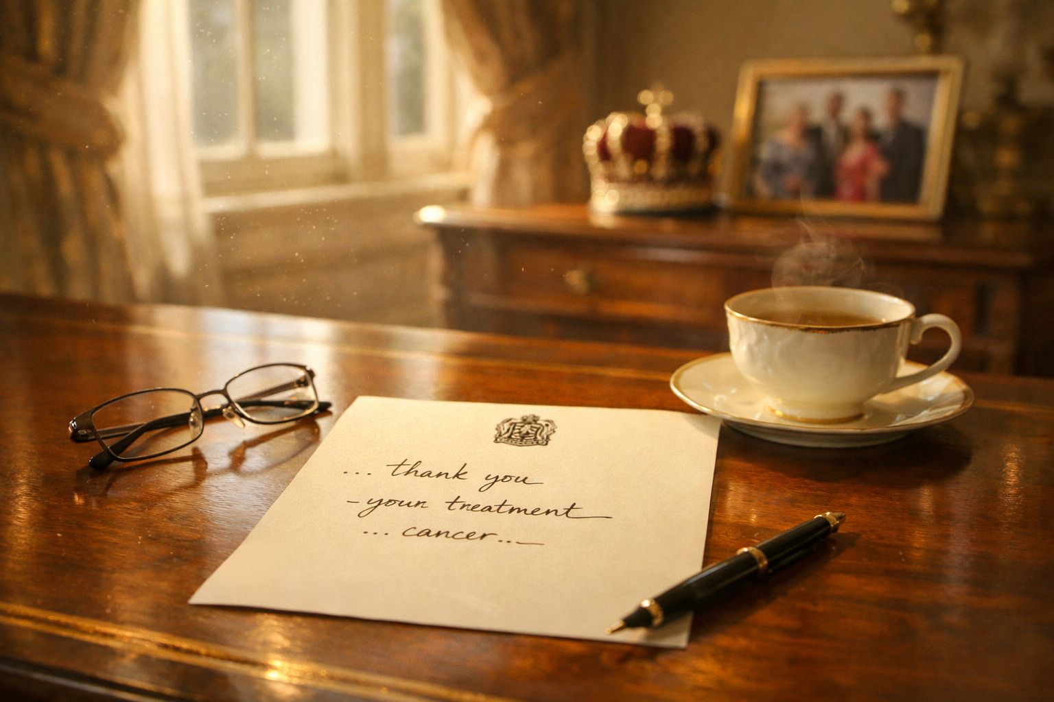 Mesa de madeira com carta manuscrita, óculos, caneta, chá quente e coroa decorativa desfocada ao fundo.