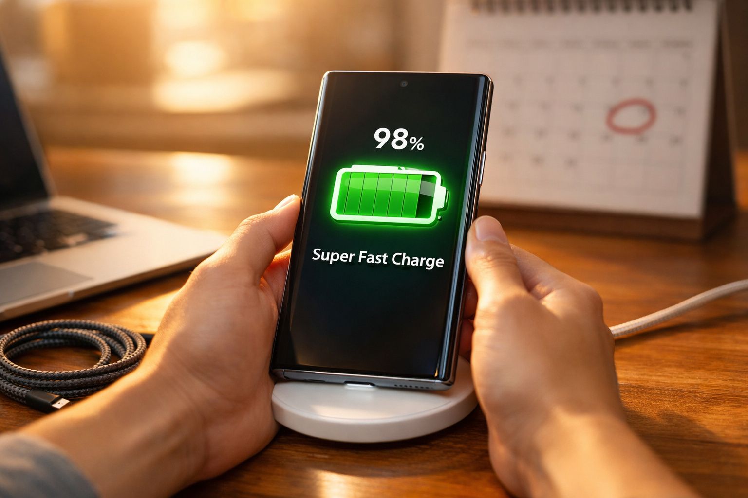 Smartphone a carregar sem fios com 98% de bateria num suporte de carregamento rápido numa mesa de madeira.