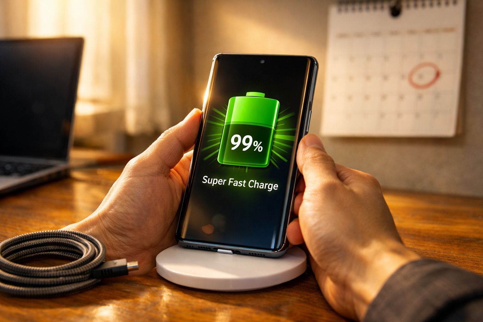 Pessoa segurando telemóvel com bateria a 99% e indicação de carregamento rápido, sobre suporte de carregamento.