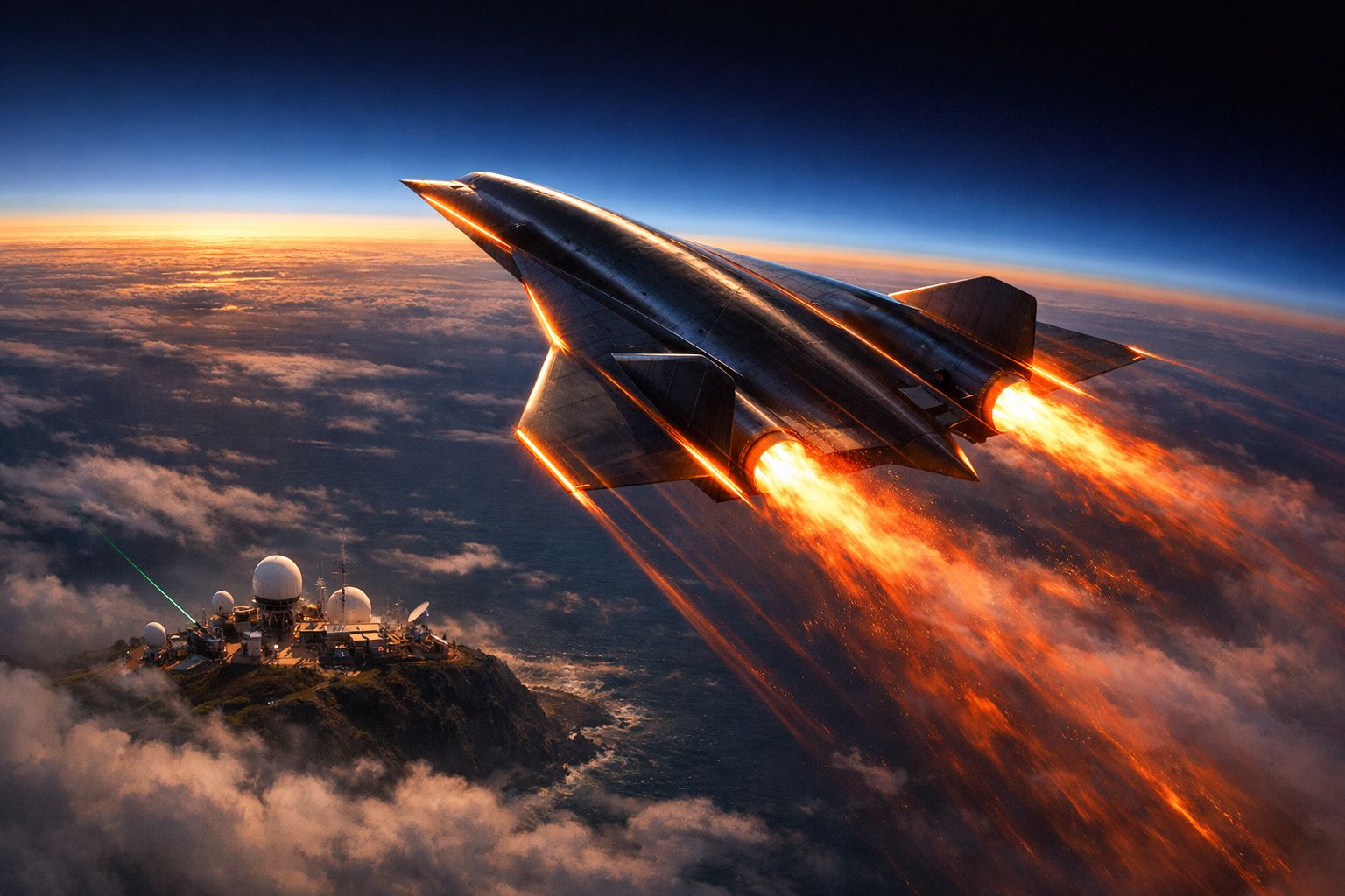 Avião futurista a voar sobre montanha com estação de radares ao pôr do sol, com propulsores em chamas.
