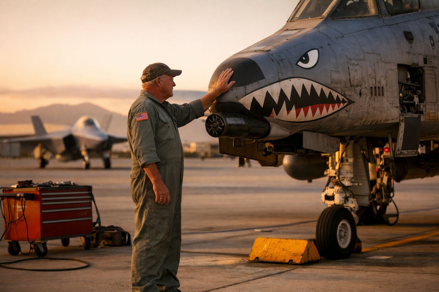 Homem em fato de voo com bandeira dos EUA toca avião militar com pintura de tubarão numa pista ao pôr do sol.