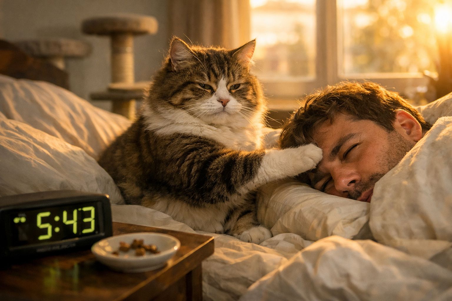 Gato tigrado a tocar na cara de um homem adormecido na cama com luz suave da manhã.