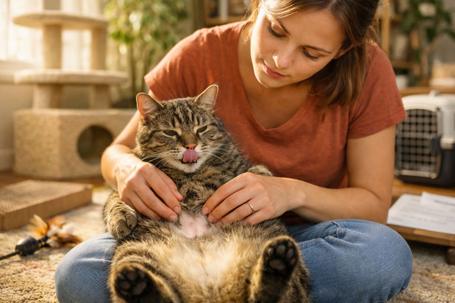 Mulher acaricia gato grande e peludo sentado no colo com língua de fora, num ambiente interior acolhedor.