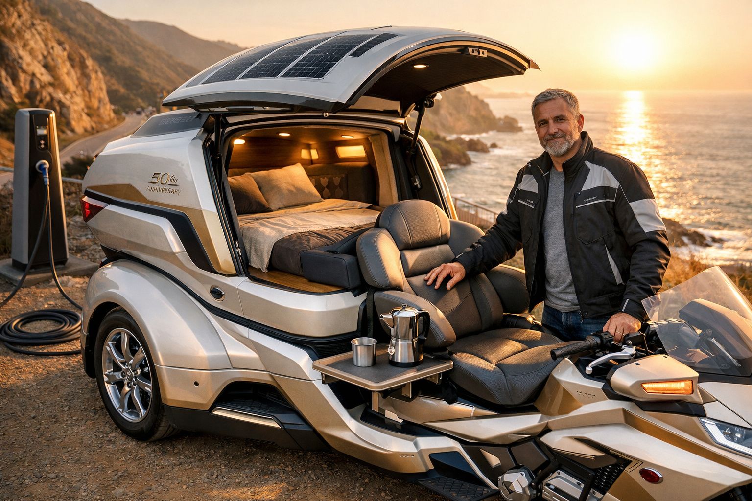 Homem sorridente com casaco preto ao lado de motocicleta-casa elétrica junto ao mar ao pôr do sol.