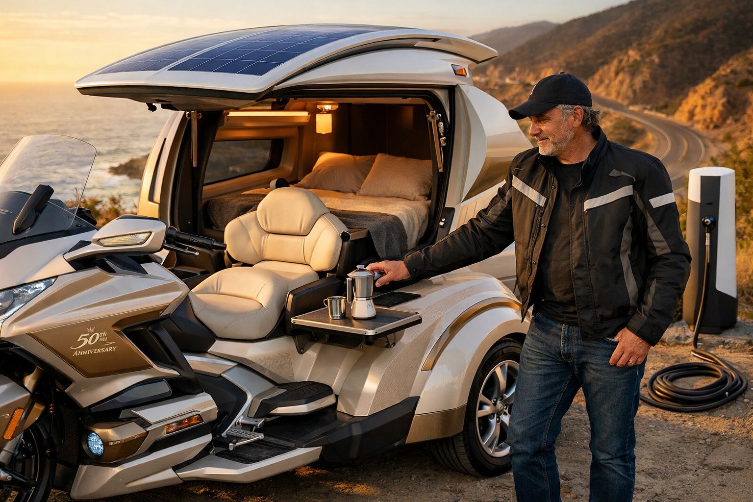 Homem prepara café junto a motocarro elétrico com cama e carregador numa estrada costeira ao pôr do sol.