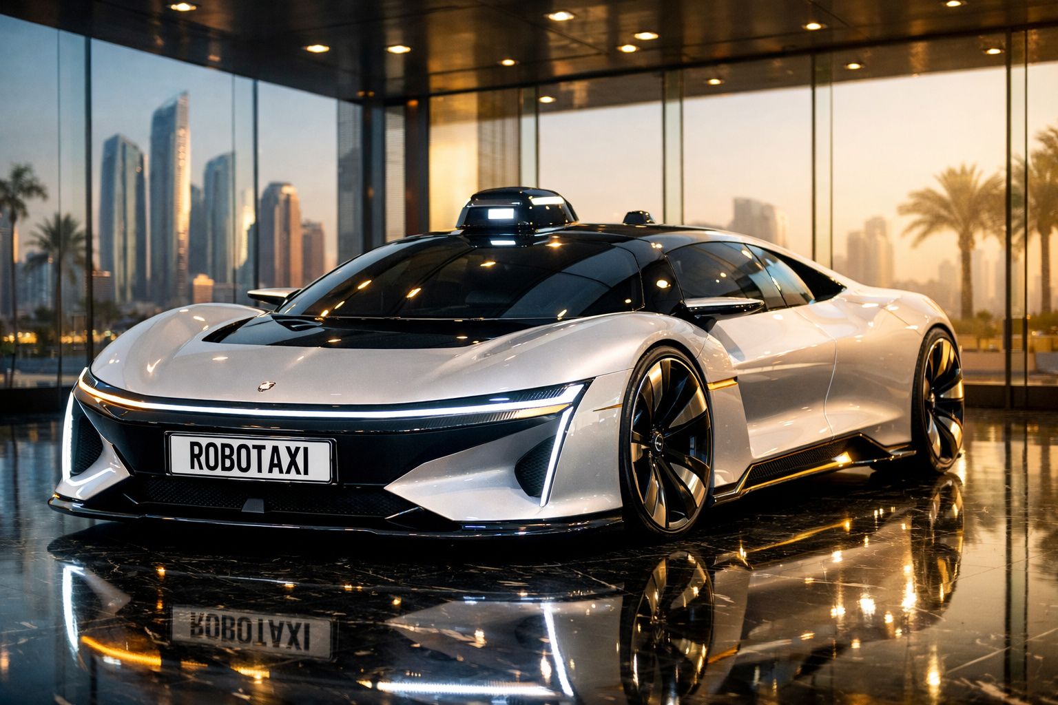 Carro elétrico futurista de táxi autónomo prata estacionado em prédio com vitrines e arranha-céus ao fundo.