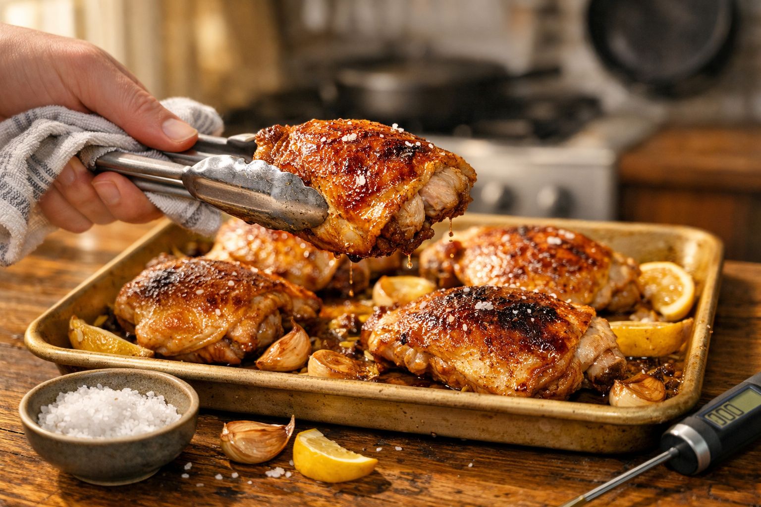Peito de frango assado dourado com tempero, servido numa tabuleiro com limão e dentes de alho.