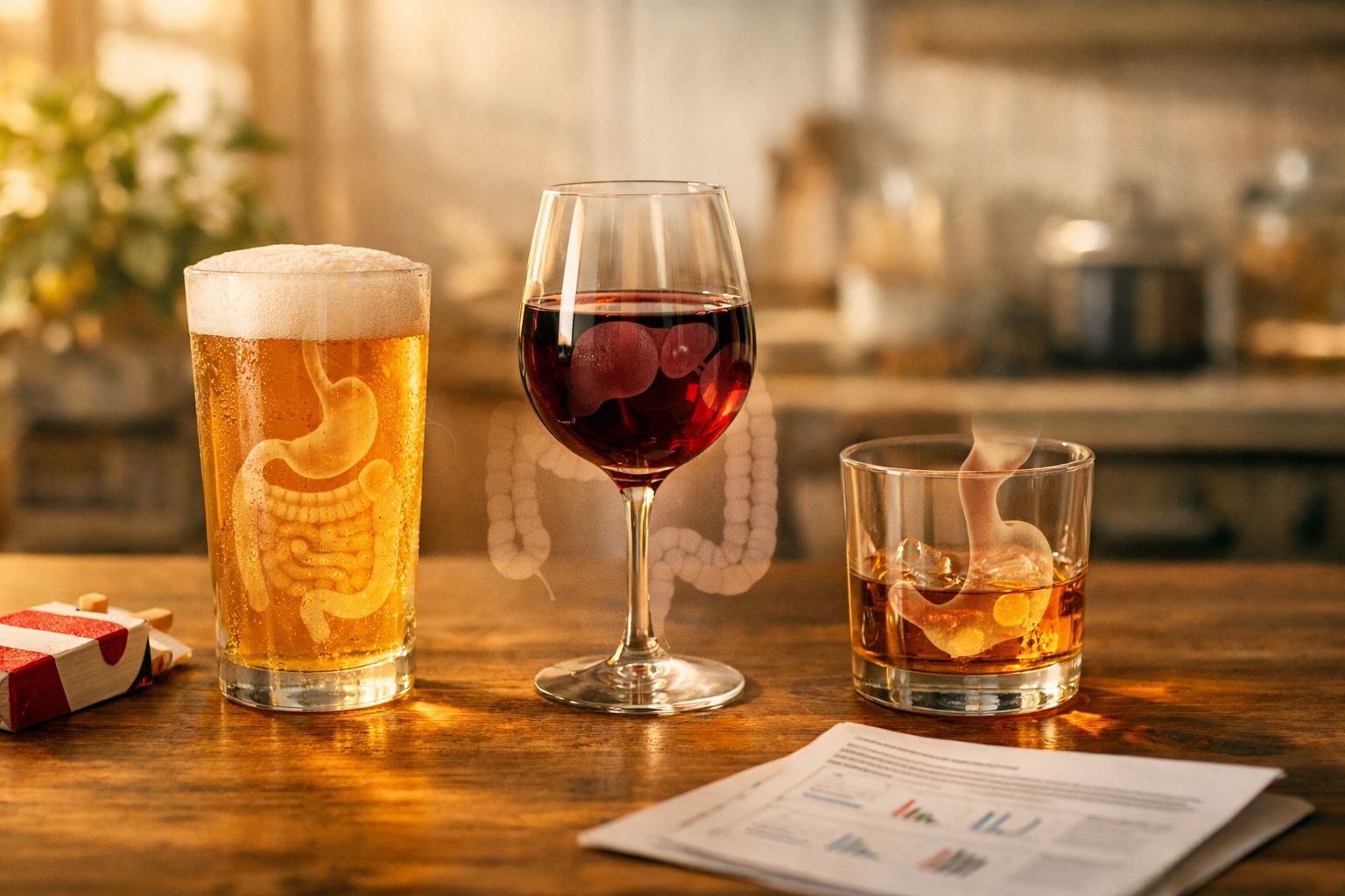 Três copos com cerveja, vinho tinto e uísque com ilustrações do sistema digestivo por cima, sobre mesa.