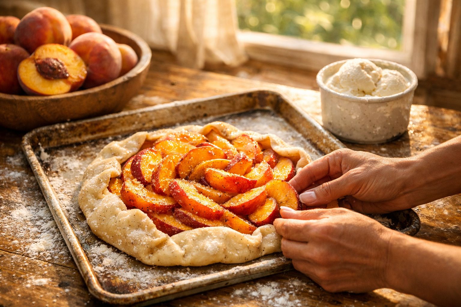 Galette rústica de pêssegos numa forma, com mãos a dobrar a massa num ambiente de cozinha iluminada.