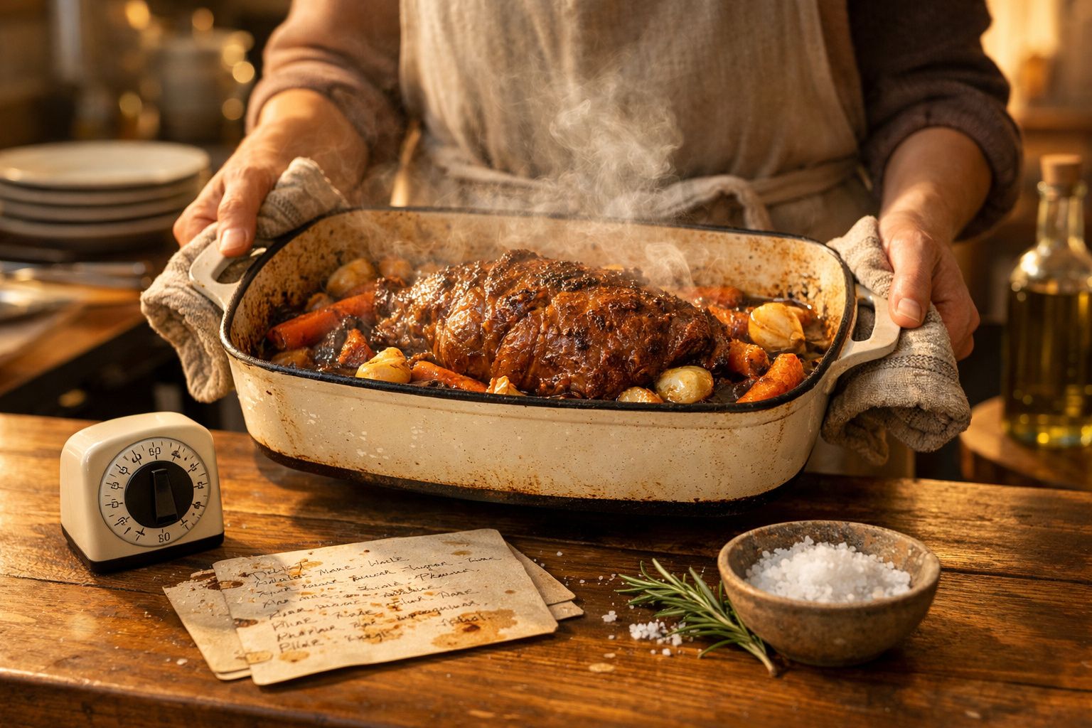 Pessoa com luva de cozinha segura tabuleiro com assado fumegante, legumes e alho, ao lado de temporizador, sal e receita.