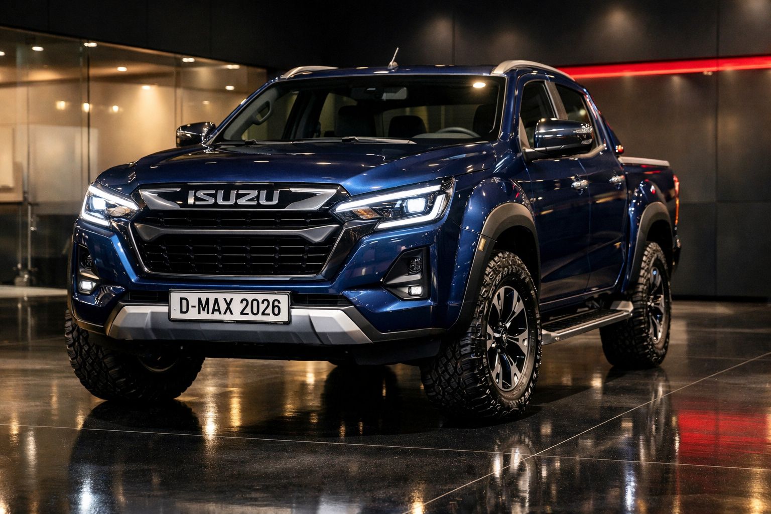 Pick-up azul Isuzu D-Max 2026 estacionada em piso brilhante, com luzes LED acesas num ambiente interior escuro.