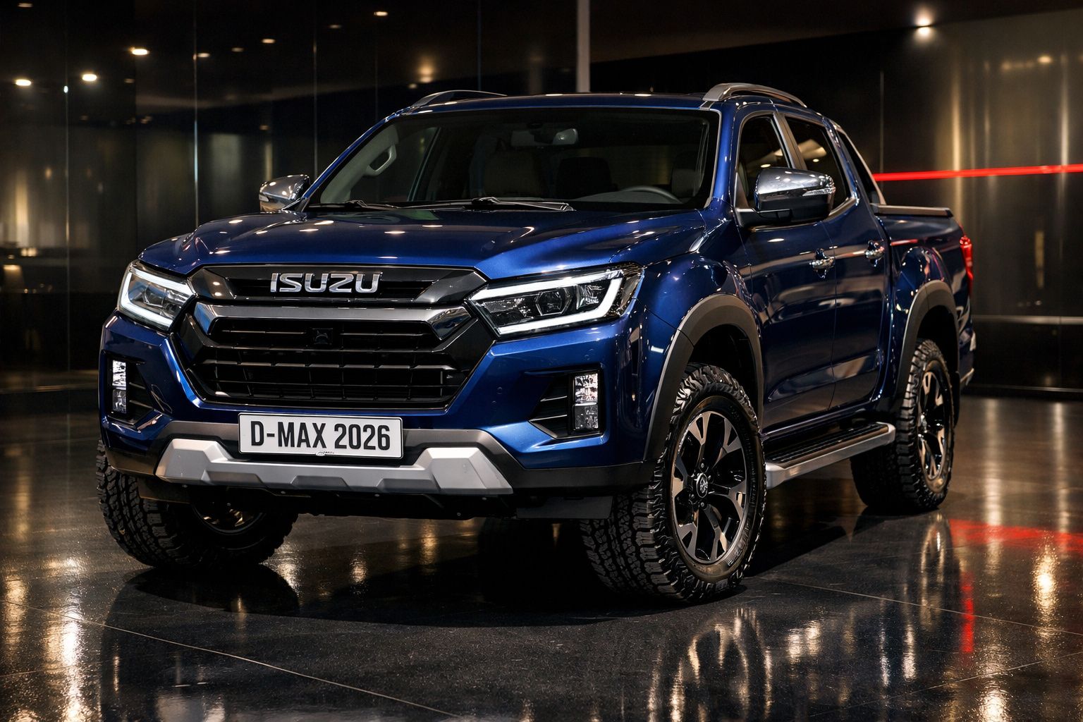 Picape Isuzu D-Max 2026 azul escuro estacionada em ambiente interior com luzes refletidas no chão.