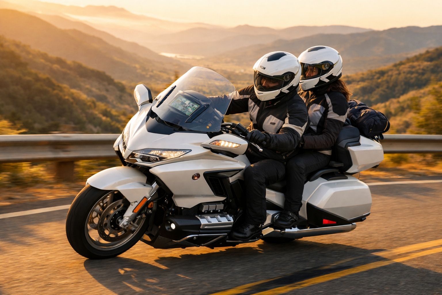 Duas pessoas de capacete e equipamento de proteção a andar de moto branca numa estrada sinuosa ao pôr do sol.