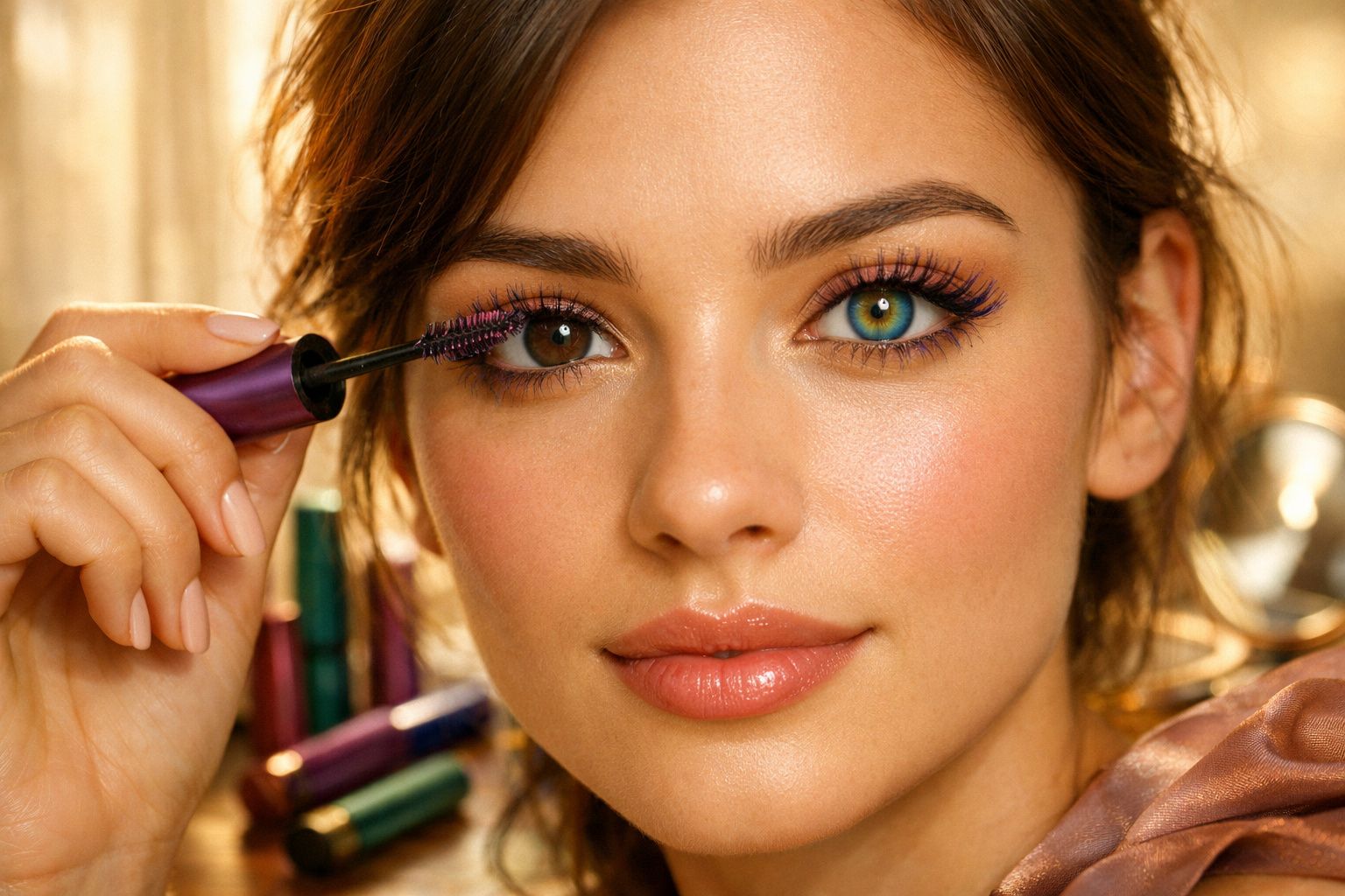 Mulher a aplicar máscara de pestanas no olho esquerdo, com olhos castanho e verde claro.