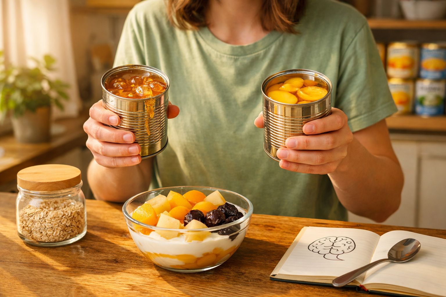 Pessoa segurando latas abertas de fruta em calda sobre mesa com taça de fruta e iogurte.