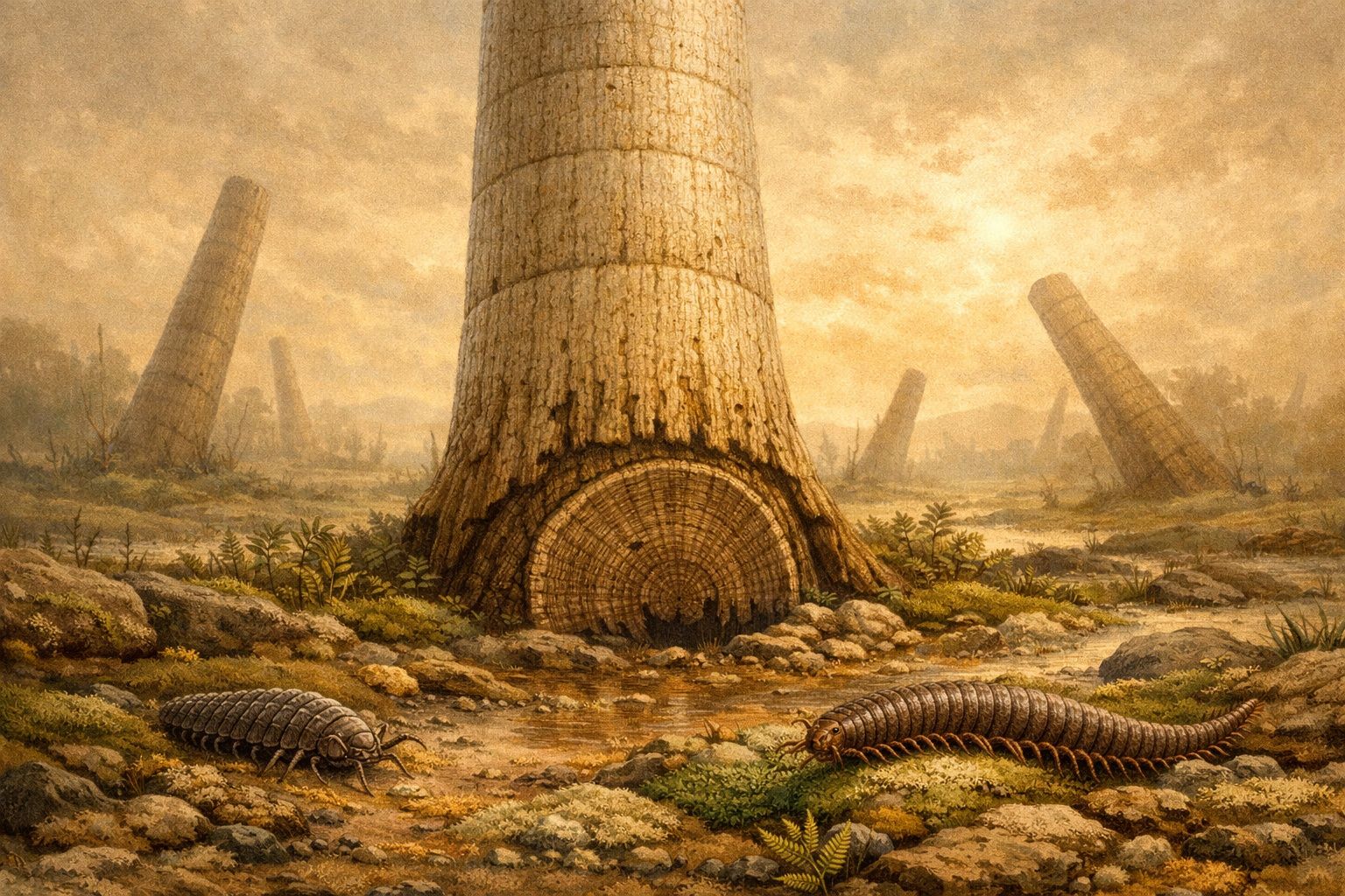 Ambiente pré-histórico com grandes troncos de árvores caídos e insetos primitivos no solo rochoso.