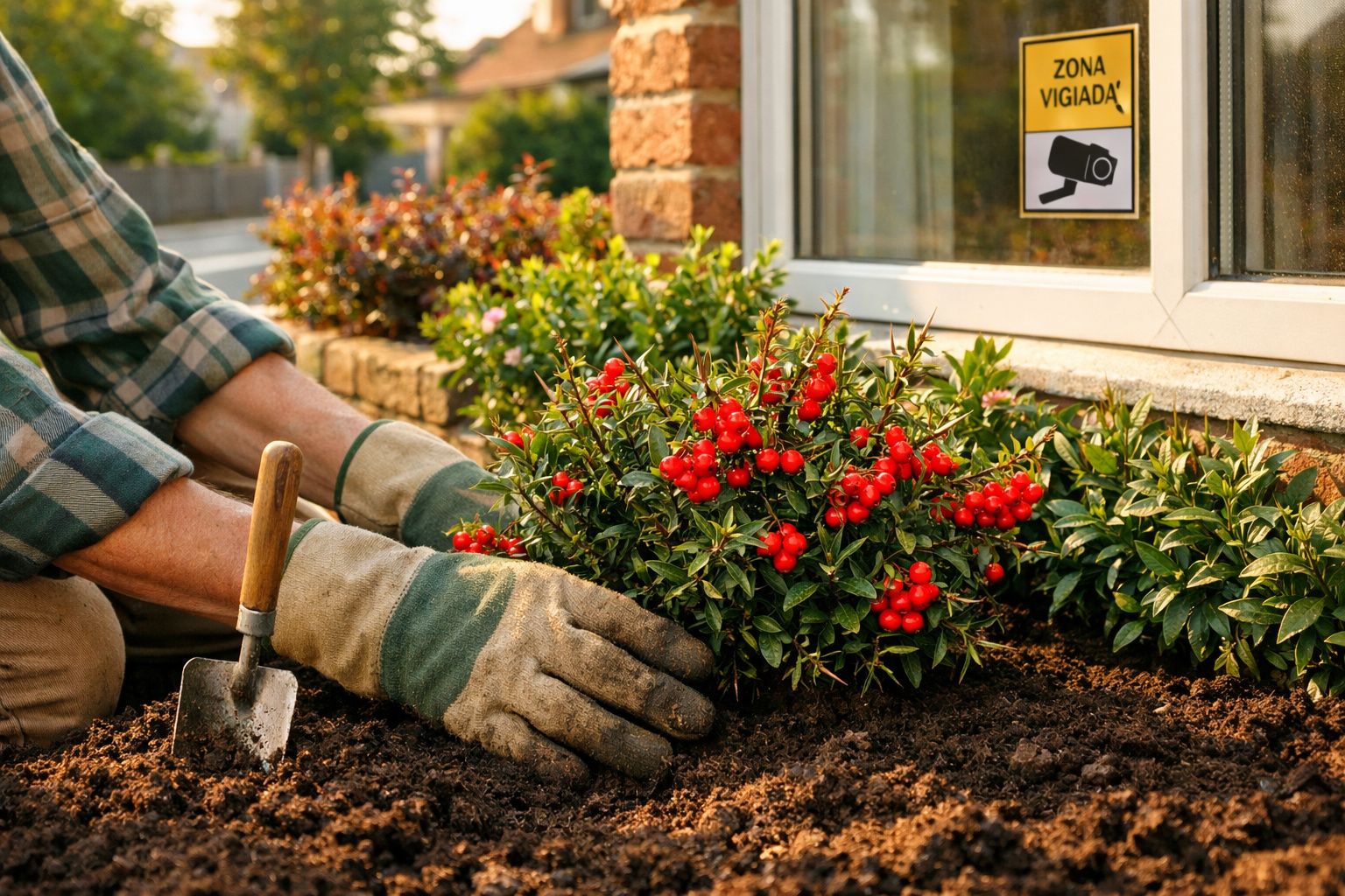 Pessoa a plantar arbusto com bagas vermelhas num jardim junto a uma casa com sinal de vigilância.