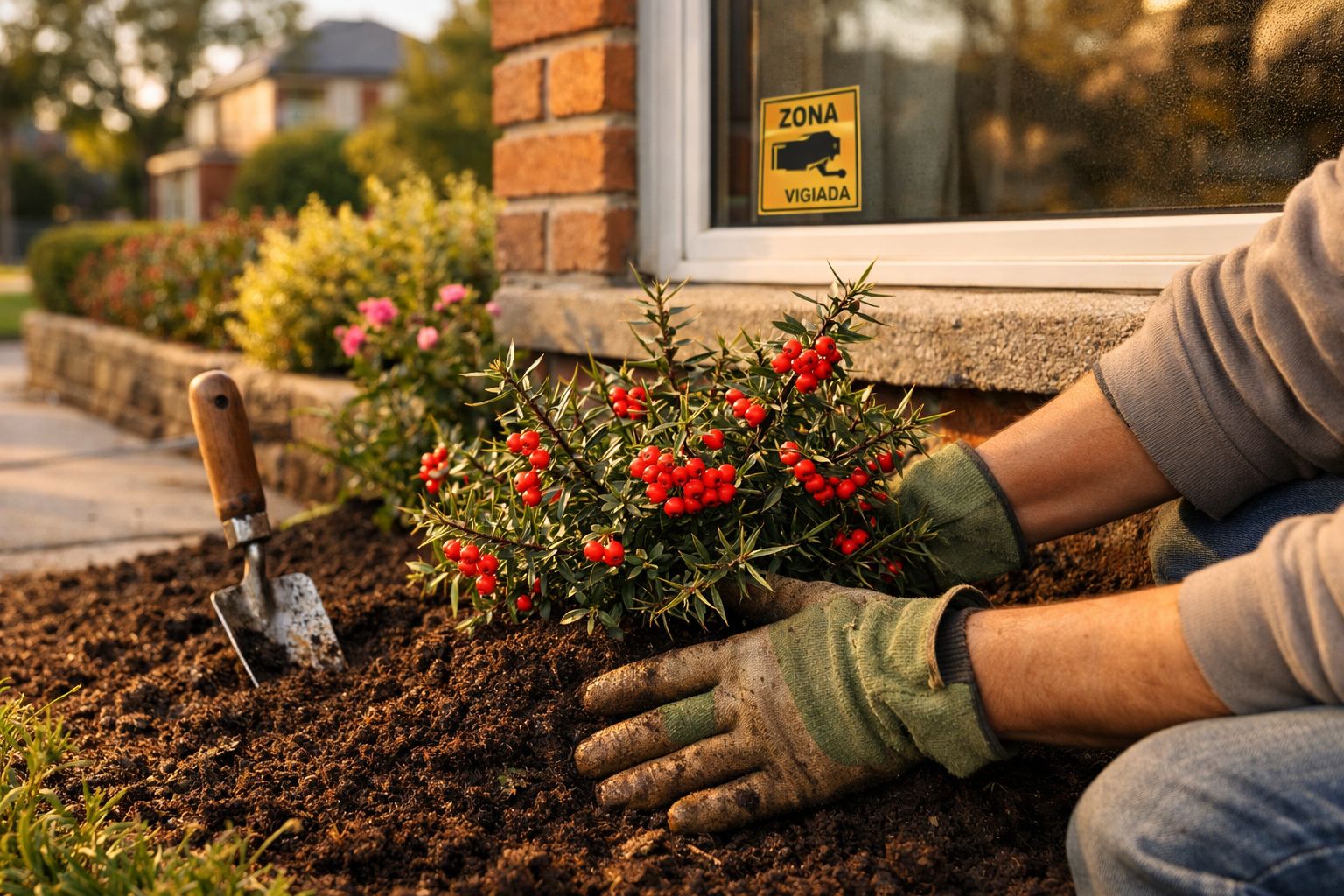 Pessoa a plantar arbusto com bagas vermelhas no solo junto a uma parede de tijolos com aviso de vigilância.