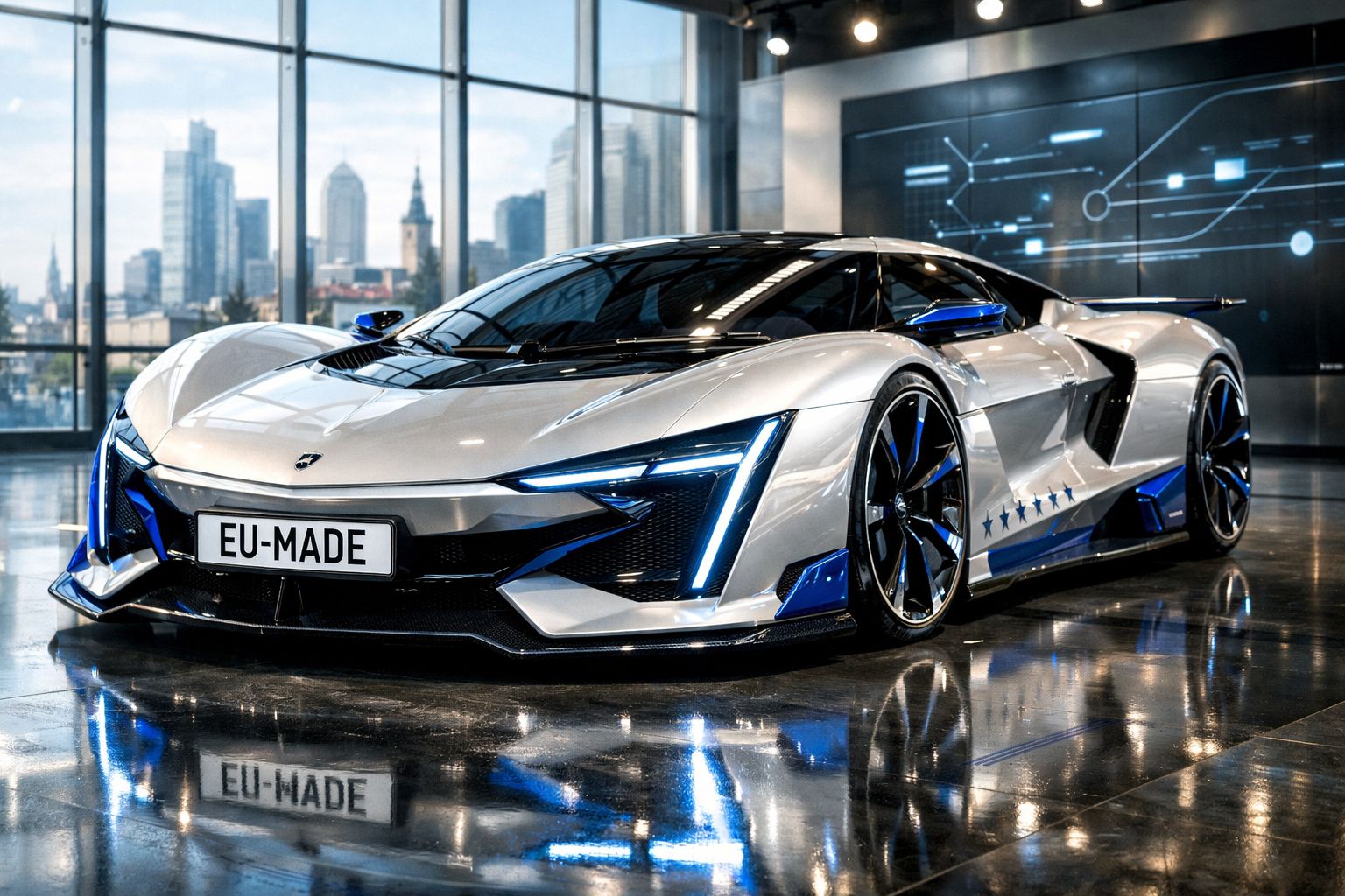 Carro desportivo elétrico prata com detalhes azuis exibido numa garagem com vista urbana.