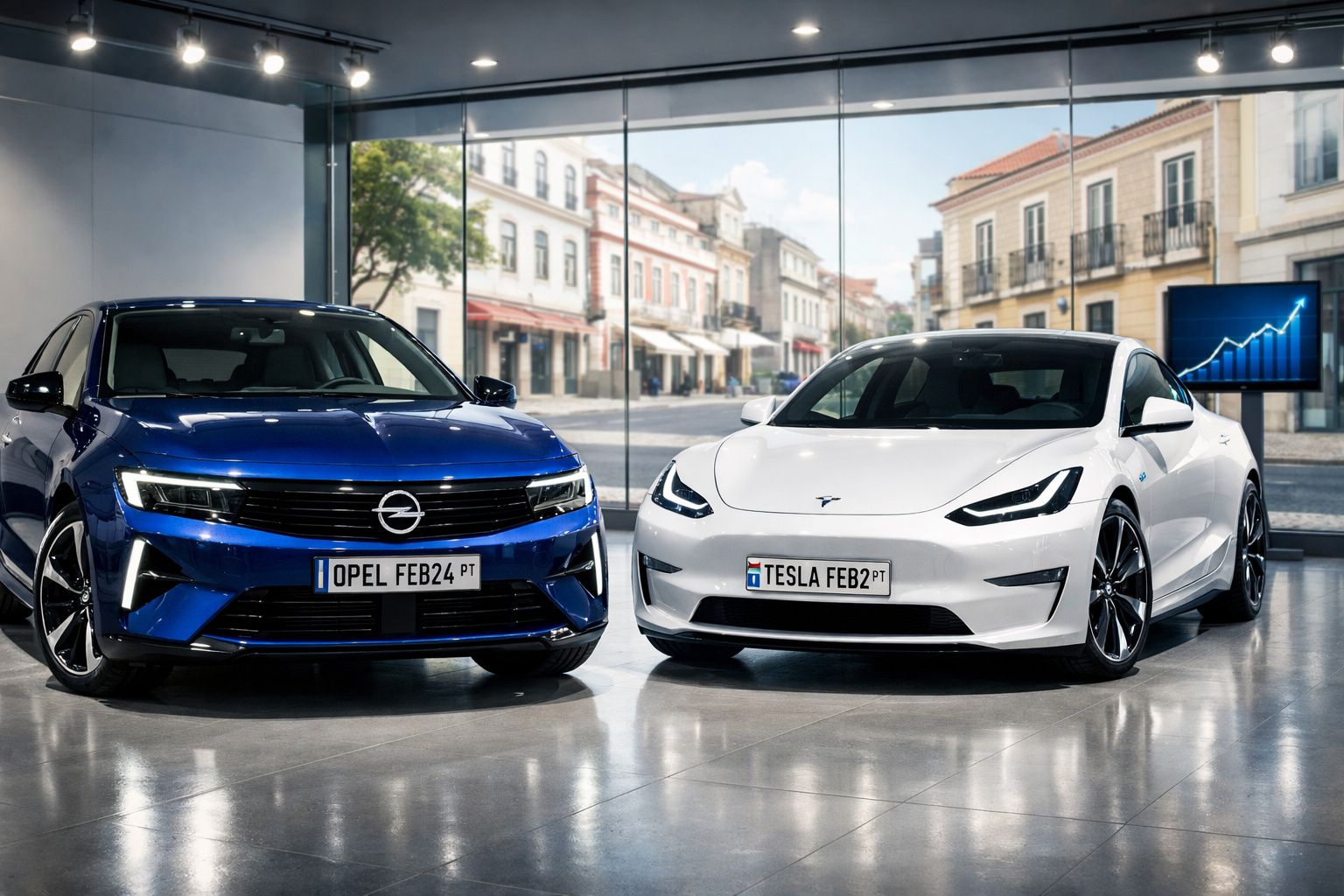 Dois carros elétricos Opel azul e Tesla branco num showroom com janela para rua e gráfico em ecrã.