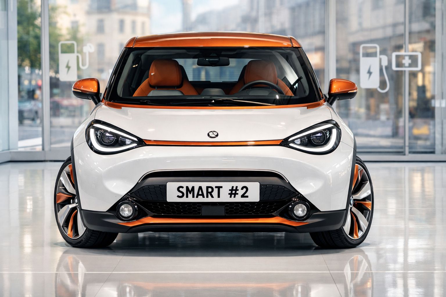 Carro elétrico Smart #2 branco com detalhes laranja, visto de frente num showroom moderno.