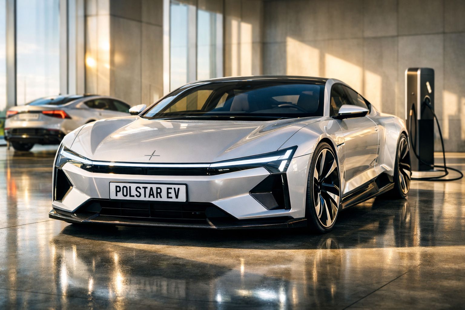 Carro elétrico Polestar EV cinzento estacionado num ambiente industrial moderno com posto de carregamento.