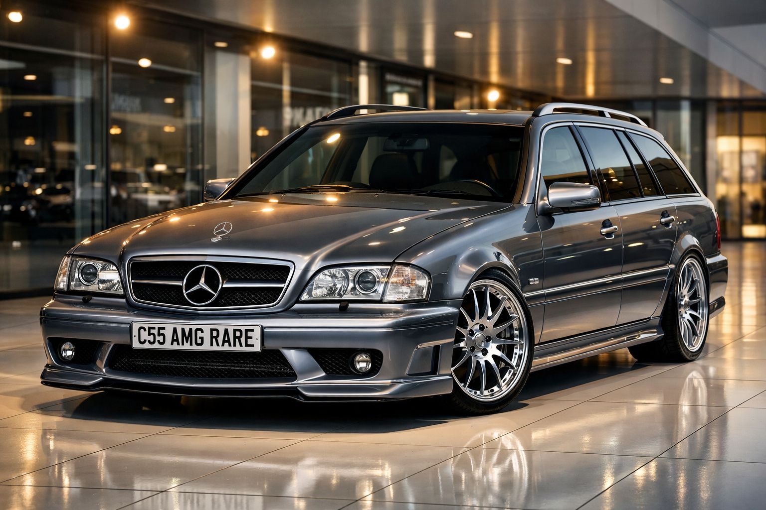 Mercedes-Benz C55 AMG carrinha prata estacionada em interior moderno com iluminação artificial refletida.