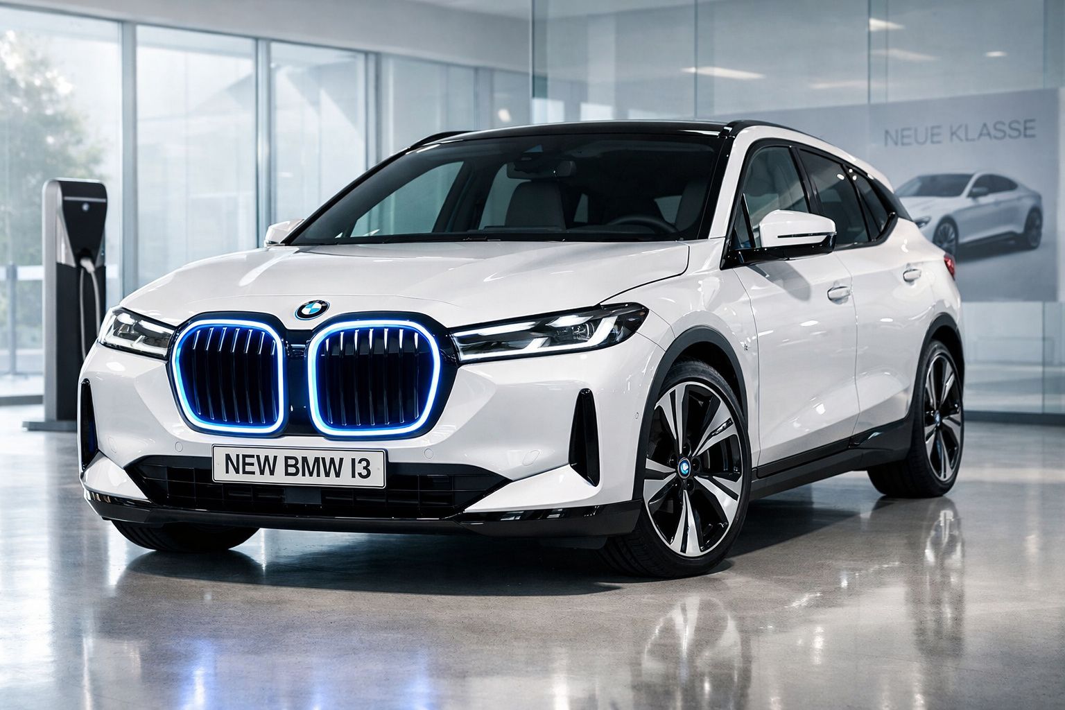 Carro elétrico BMW i3 branco com luzes azuis no capô, em showroom moderno com pavimento brilho.