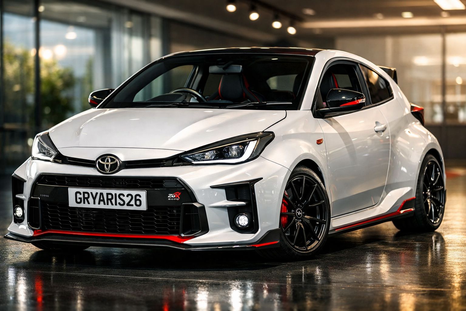 Carro desportivo branco Toyota GR Yaris com detalhes em vermelho estacionado em piso interior molhado.