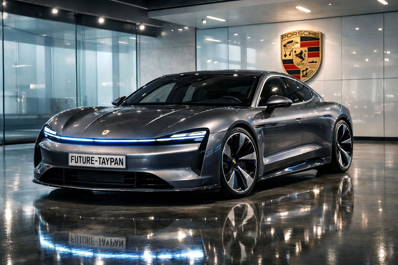 Carro desportivo elétrico Porsche Taycan cinza estacionado em showroom com logótipo Porsche na parede atrás.